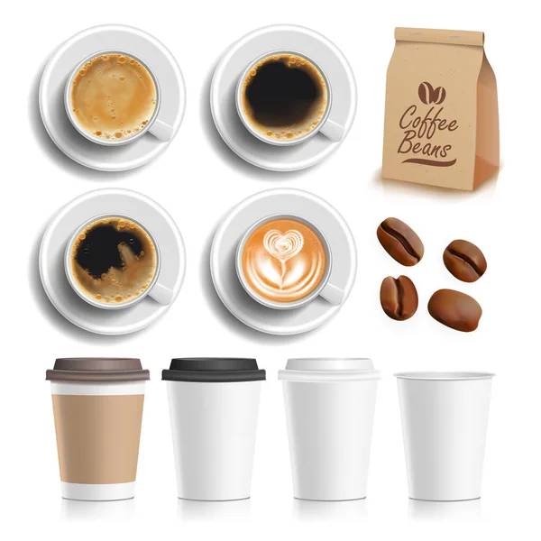 Kaffeebohnen Getränk Tasse Und Paket Set Vector Kaffeezutat Getreide Schäumende — Stockvektor