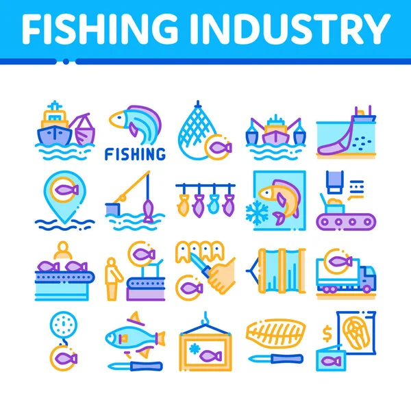 Fishing Industry Business Process Ikony Set Vector Przemysł Rybny Przetwarzanie — Wektor stockowy