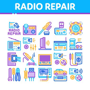 Radyo Onarım Servisi Toplama Simgeleri Vektörü Ayarla. Telsiz Onarımı Elektronik ve Mekanik Malzemeler Demir ve Ammetre Konsepti Doğrusal Piktogramlar. Renk Katılımı Resimleri