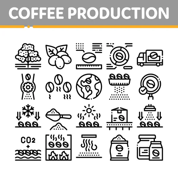 Kaffeeproduktion Kollektion Icons Set Vector Kaffeefabrik Und Förderband Geröstete Bohnen — Stockvektor