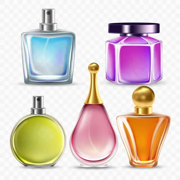 香水玻璃瓶喷雾器收集向量 透明的空白香水瓶 为男人或女人提供不同形式和风格的礼物 芳香族液体容器模板写实主义3D图例 — 图库矢量图片
