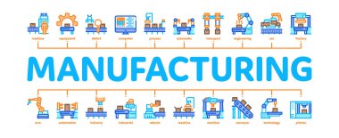 İmalat Süreci Minimal Infographic Web Sancak Vektörü. Taşıyıcı Araba ve Ürünler, Fabrika Bilgisayar Ayarları ve Robot Kolu İllüstrasyonu