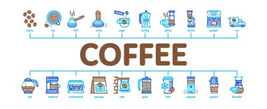 Kahve Enerjisi İçeceği Minimal Infographic Web Sancak Vektörü. Kahve çekirdekleri, paket, öğütücü ve makine içecek, fincan ve demlik çizimi için.