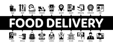 Gıda Teslimatı Minimal Infographic Web Sancak Vektörü. Yiyecek dağıtım elemanı ve motosiklet, çevrimiçi sipariş ve telefon uygulaması, Utensil ve Beslenme Çizimi