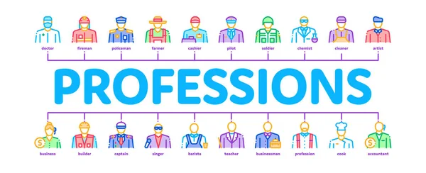 Professions People Minimal Infographic Web Banner Vector. Policeman And Farmer, Fireman And Soldier, Businessman And Businesswoman, Barber And Builder Illustration