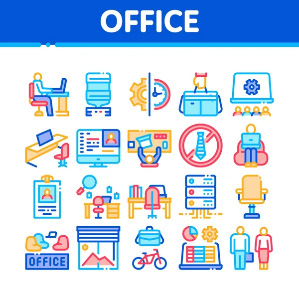 Kantoor Werkplaats Collectie Pictogrammen Set Vector Kantoortafel Stoel Badge Business — Stockvector