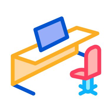 Ofis masası sandalyesi ve bilgisayar ikonu vektörü. Ofis sandalyesi ve bilgisayar tabelası. renk sembolü çizimi