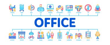 Ofis ve İşyeri Minimal Infographic Web Sancak Vektörü. Ofis Masası ve Sandalyesi, Rozet ve İş Davası, Su Soğutucu ve Bilgisayar Görüntüleme