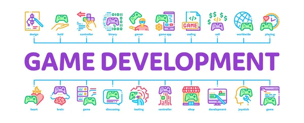 Video Game Development Minimale Infographic Web Banner Vector Game Development — Stockvector