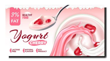 Yoğurt Kiraz Meyvesi Tanıtım Posteri Vektörü. Kaşık Üstünde Meyveli Yoğurt, Yaratıcı Reklam Reklamcılığında Lezzetli Eko Ürün. Doğal Süt Ürünleri Renk Tasarımı Çizimi