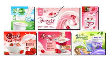 Yoğurt Süt Ürünleri Tanıtım Sancakları Vektörü. Çilekli, kirazlı ve yabanmersinli Doğal Sütlü Yoğurt Reklam Afişleri. Renk Konsepti Çizimleri