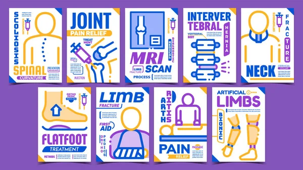 Orthopedic Treatment Promo Posters Set Vector. Limb And Neck Fracture, Intervertebral Hernia And Spinal Curvature, Arthritis And Joint Pain Relief Collection Banners. Concept Layout Color Illustration — Stock Illustration Orthopedic Treatment Promo Posters Set Vector Limb Neck Fracture Intervertebral Royalty Free Stock Vectors