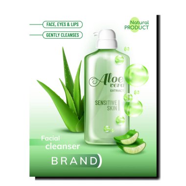 Aloe Vera ile Jel Şişe Poster Vektörü. Hassas cilt için jel, sağlık bitkisi ve reklam pankartında baloncuklar içeren yüz temizleyici boş şişe. Şablon Gerçekçi 3d İllüstrasyon