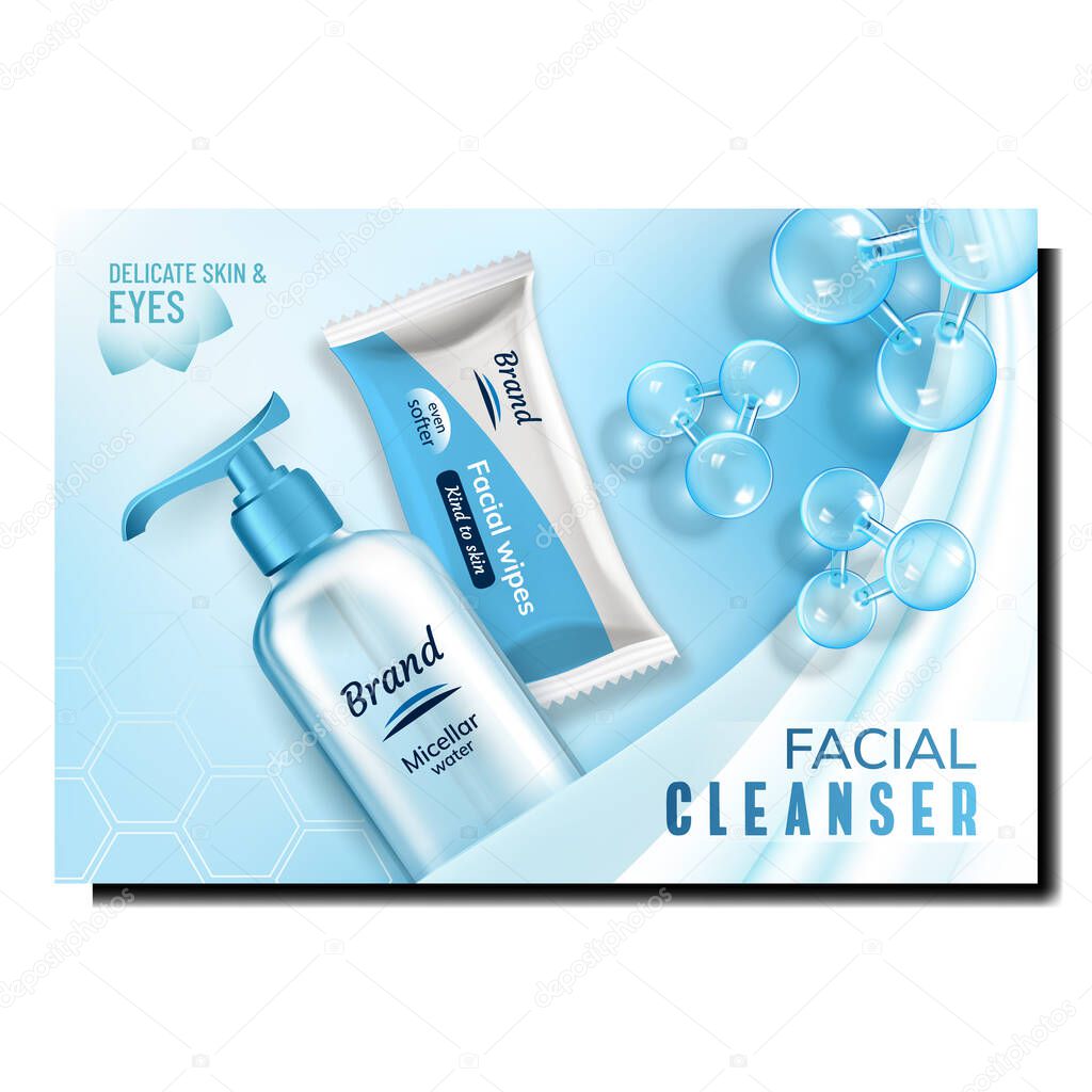 Facial Cleanser Bottle And Bag Promo Poster Vector. Micellar Cosmetic Face Cleanser Blank Container, Package And Water Molecules On Marketing Banner. Color Concept Template Realistic 3d Illustration