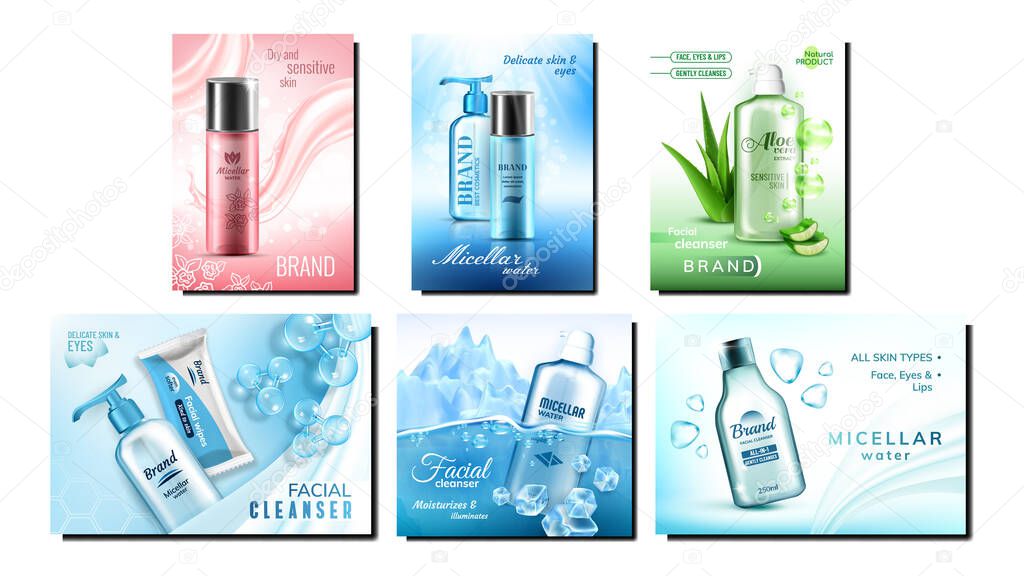Micellar Water Bottles Promo Banners Set Vector. Micellar Water Blank Containers For Make-up With Natural Aloe Vera And Molecules Collection Advertising Posters. Layout Realistic 3d Illustrations