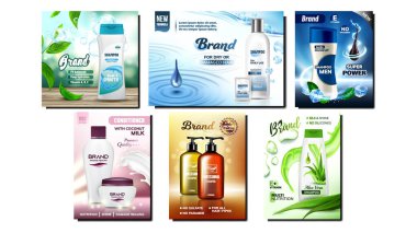 Şampuan ve Koşullandırıcı Tanıtım Posterleri Vektörü. Kepek önleyici ve sülfatsız, içinde Aloe Vera ve Hindistan cevizi sütü şampuan paketleri olan. Renk Konsepti Düzeni Gerçekçi 3d Resimleri