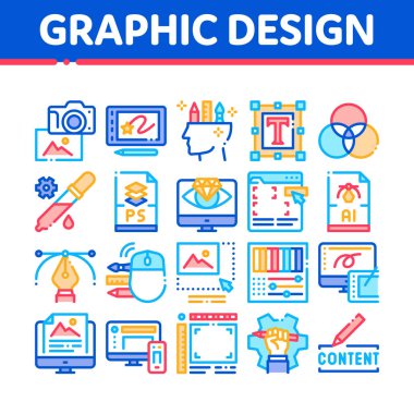 Grafik Tasarım ve Yaratıcılık Simgeleri Vektörü Ayarladı. Çizim ve Çizim için Fotoğraf Kamerası ve Tablet, Çizim ve Çizim için Bilgisayar Uygulaması Doğrusal Piktogramlar. Renk Katılımı Resimleri