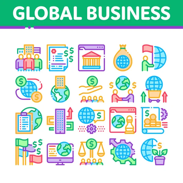 Global Business Finance Strategy Icons Set Vector Inglés International Worldwide — Archivo Imágenes Vectoriales