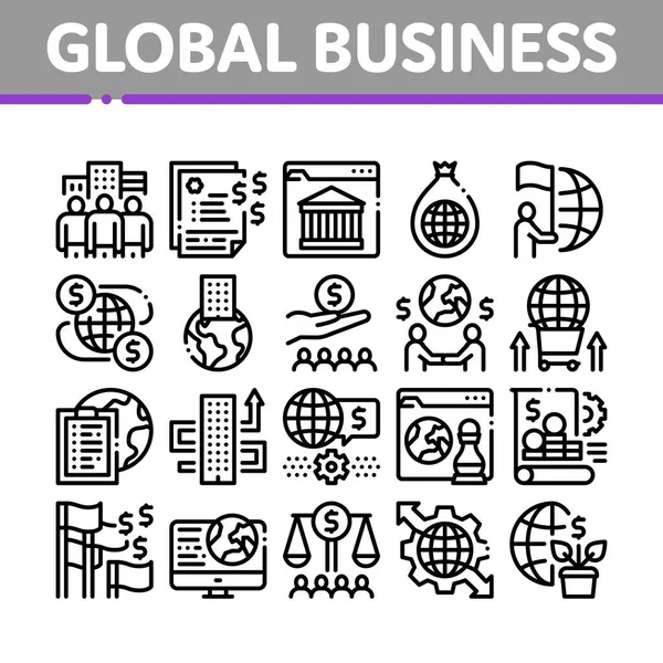 Global Business Finance Strategy Pictogrammen Vector Instellen Internationaal Wereldwijd Business — Stockvector