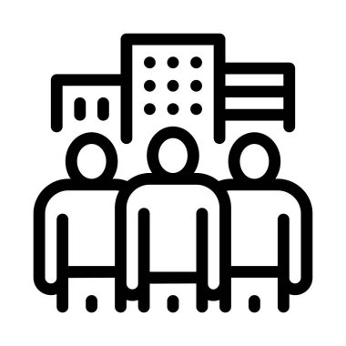 İş ekibi ve şehir binaları ikon vektörü. İş ekibi ve şehir binaları imzası. izole edilmiş sınır sembolü çizimi