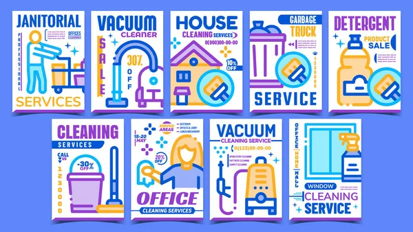 Cleaning Service Advertising Posters Set Vector House Office Janitorial Window — Stock Vector