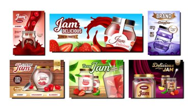 Reçel Tatlıları Destekleyici Posterler Ayarlama Vektörü. Çilek, kiraz ve yabanmersini reçel kavanozu koleksiyonu reklam pankartları. Meyveli Marmelat Gıda Rengi Şablon Resimleri