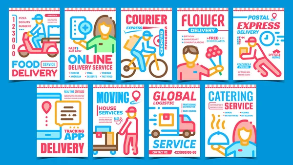 Delivery Service Advertising Posters Set Vector Food Flower Courier Delivering — Stock Vector