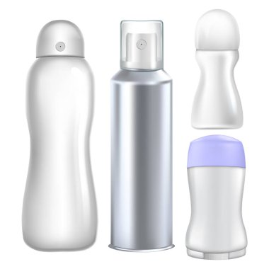Deodorant Hijyen Ürünleri Toplama Vektörü. Deodorant Spreyi ve Yuvarlak Kozmetik Boş Paketler, Ter Kokulu Gizlenme. Hijyen Koltukaltı Bakım Aerosol Düzenleme Gerçekçi 3D Resimler
