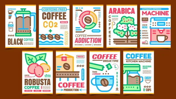 Kaffeeproduktion Werbeplakate Set Vector Kaffeemaschine Und Küchenmaschine Tasse Und Topf — Stockvektor