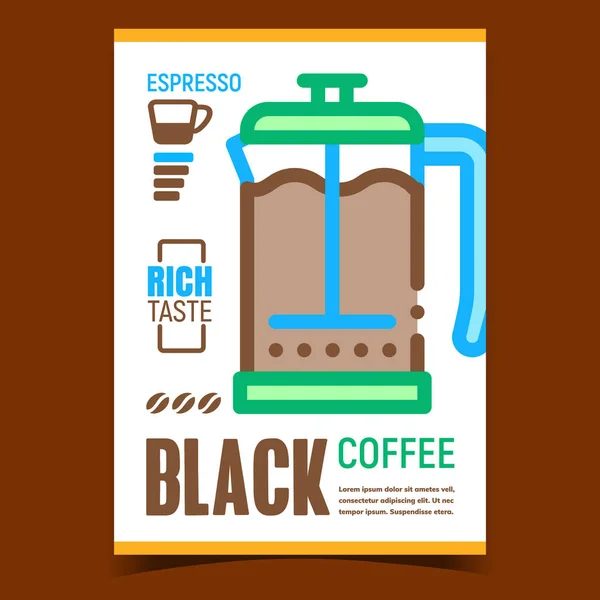 Black Coffee Creative Publicidad Poster Vector Café Maceta Vidrio Rico — Vector de stock