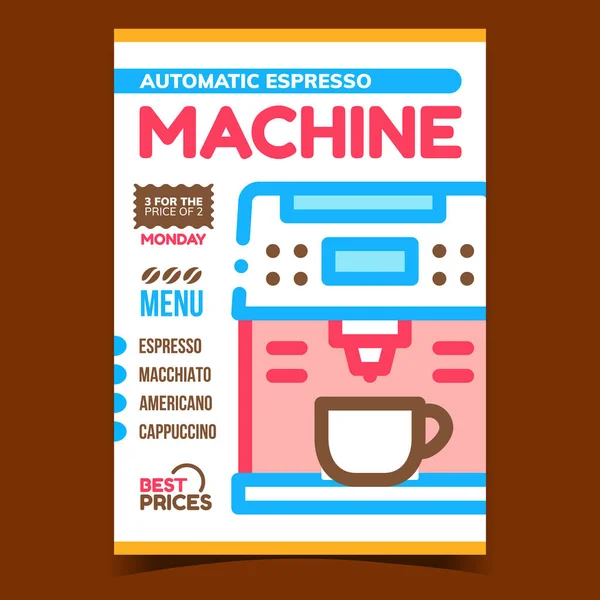 Automatische Espressomaschine Werbung Poster Vector Professionelle Kaffeemaschine Und Tasse Cafe — Stockvektor