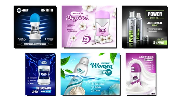 Deodorant Terleme Karşıtı Reklam Posterleri Set Vektörü. Sprey ve Kuru ve Jel Deodorantları Boş Paketler Pazarlama Reklam Pankartları. Biçim Rengi Kavram Şablonu Resimleri