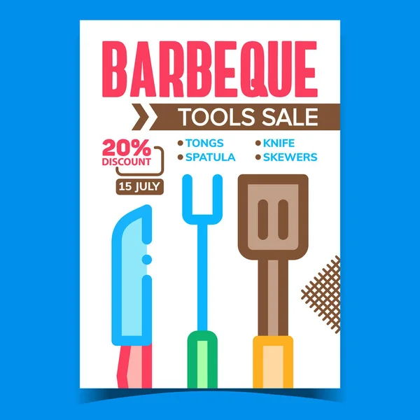 Strumenti Barbecue Vendita Creative Promo Poster Vector Pinze Spatola Coltello — Vettoriale Stock