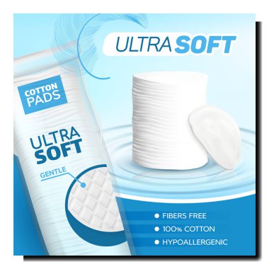 Pamuk Pedleri Ultra Yumuşak Aksesuar Sancak Vektörü. Pamuk Pedleri Boş Paket ve Kuş Tüyü Reklam Posteri. Yumuşaklık Materyal Hijyenik Disk Biçimi Renk Düzeni Çizim Çizimi