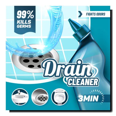Lavabo açıcı mikrop tanıtım taşıyıcısını öldürdü. Sıvı Boş Paket Yıkama Tuvaleti, Lavabo ve Banyo Kanalizasyonu ve Tıkanmış Boru Reklam Pankartı. Biçim Rengi Konsepti Şablon Resimlemesi
