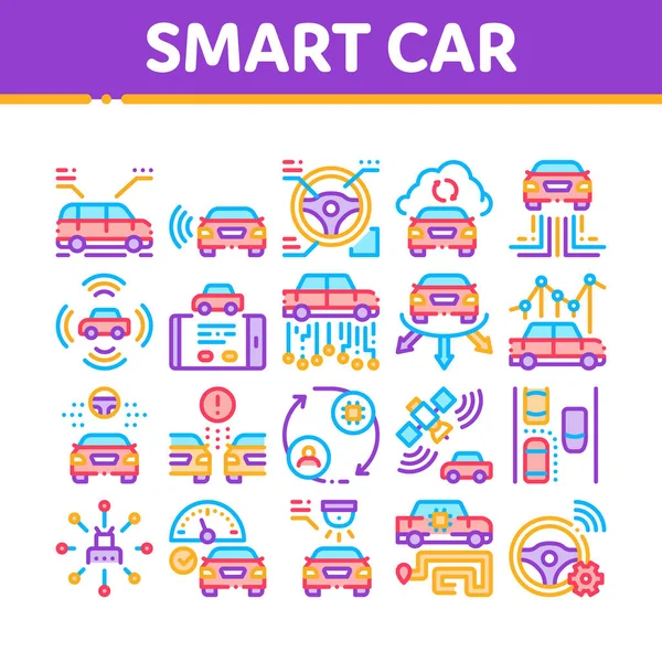 スマートカー技術コレクションアイコンセットベクトル スマートカーオートパイロットと駐車場 衛星接続と電話アプリケーションコンセプトリニアピクトグラムを支援します カラーイラスト — ストックベクタ