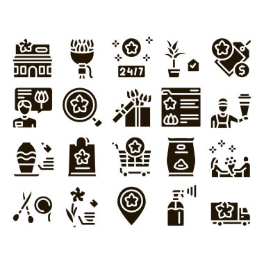 Çiçekçi Dükkanı Glyph Set Vektörü. Çiçek Mağazası Binası ve Teslimatı, Çiçek Hediyesi ve Vazo, İnternet Sitesi ve Poşet Resimleri Siyah Çizimler