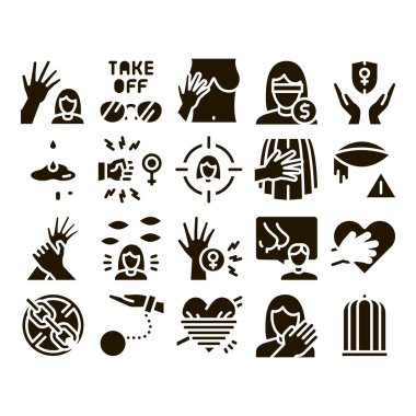 Cinsel Taciz Glyph Set Vektörü. Kurban ve Kadın Cinsel Tacizi, Taciz ve Saldırı, Şiddet ve Uygunsuz Glifi Siyah Resimleri