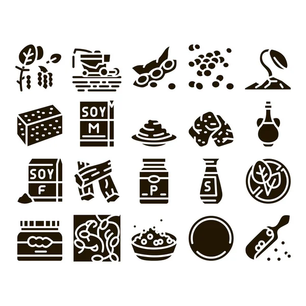 Soy Bean Food Product Glyph Set Vector Agricultural Harvester Harvesting — Stock Vector