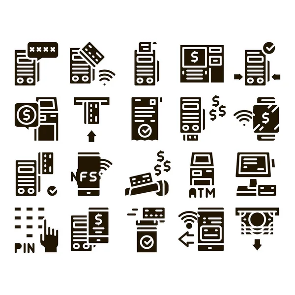 Pos Terminal Glyph Zestaw Wektor Urządzenia Terminal Bankowy Bankomat Smartphone — Wektor stockowy