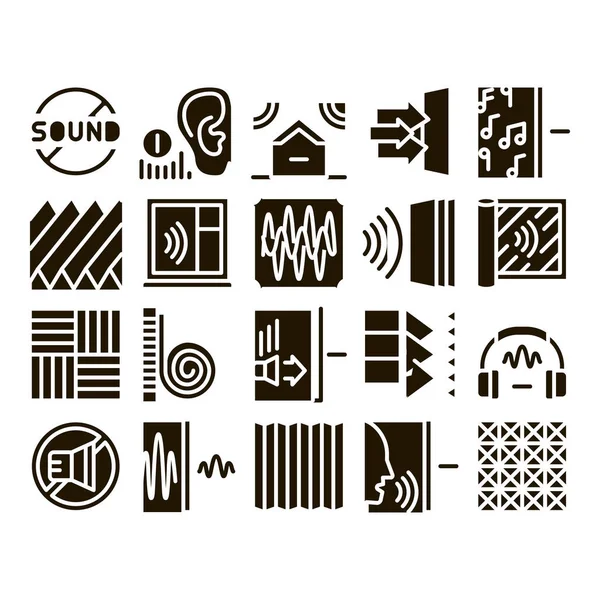 Soundproofing Building Material Icons Set Vector. Collection Of Soundproofing Windows And Roof, Wall Insulation And Floor Covering Glyph Pictograms Black Illustrations — Stock Illustration Soundproofing Building Material Icons Set Vector Collection Soundproofing Windows Roof Vector Graphics