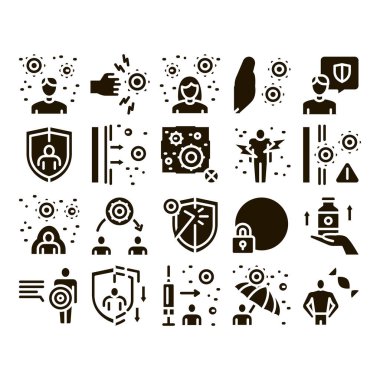 Dokunulmazlık İnsan Biyolojik Savunma Simgeleri Vektörü Belirledi. Siyah Resimler İçin Koruyucu Bakteriler, Şırınga ve Kalkan, Vitamin ve Sağlık Hapları