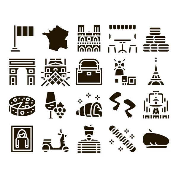 Frankrijk Land Travel Glyph Set Vector Frankrijk Vlag Triomfboog Eiffeltoren — Stockvector