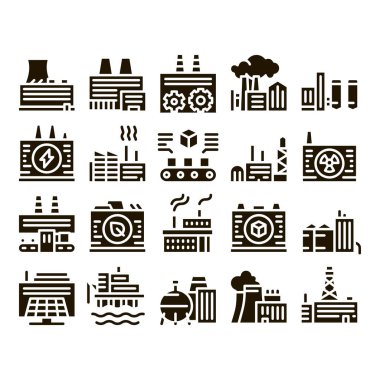 Fabrika Endüstriyel Glyph Set Vektörü. Fabrika İnşaat, Petrol ve Kimyasal Santral, Enerji ve Güneş Elektrik Üretimi Kabartma Çizimleri Siyah Çizimler