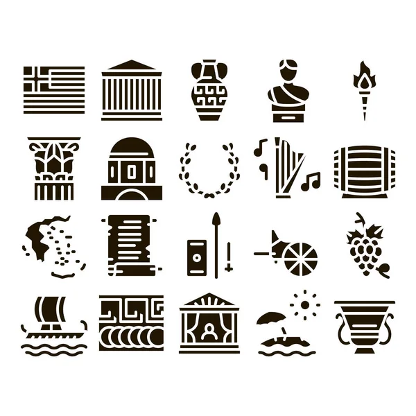 Ελλάδα Χώρα Ιστορία Glyph Set Vector Σημαία Και Αντίκα Αμφορέας — Διανυσματικό Αρχείο