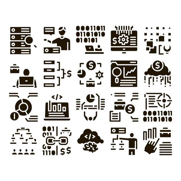 Data Scientist Worker Glyph Set Vector Inglés Investigación Servidor Sitio — Archivo Imágenes Vectoriales