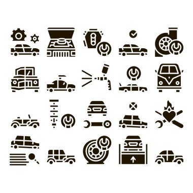 Araba Tamir Kabartma Vektörü. Klasik ve Çarpışan Araba Restorasyonu, Boyama ve Tamir Motoru, Tekerlek ve Detaylar Siyah Çizimler