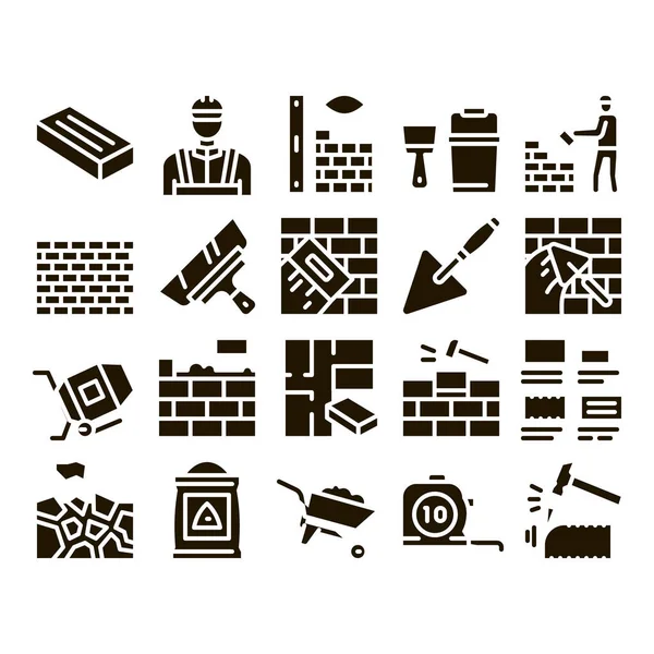 Bricklayer Industry Glyph Set Vector Professional Bricklayer Worker Mason Layer — Stock Vector