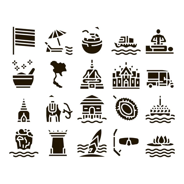 Thailand National Glyph Set Vector Thailand Geografie Kaart Vlag Bungalow — Stockvector