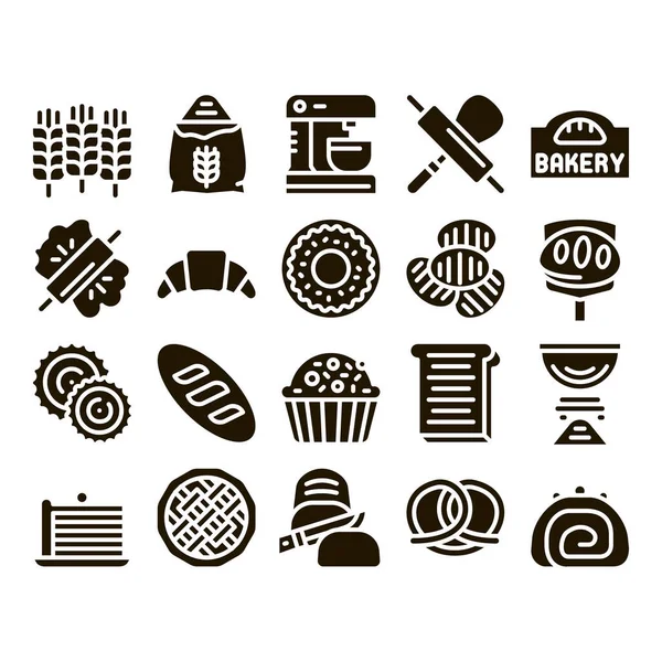 Padaria Saborosa Comida Glyph Set Vector Bolo Pão Padaria Torta — Vetor de Stock